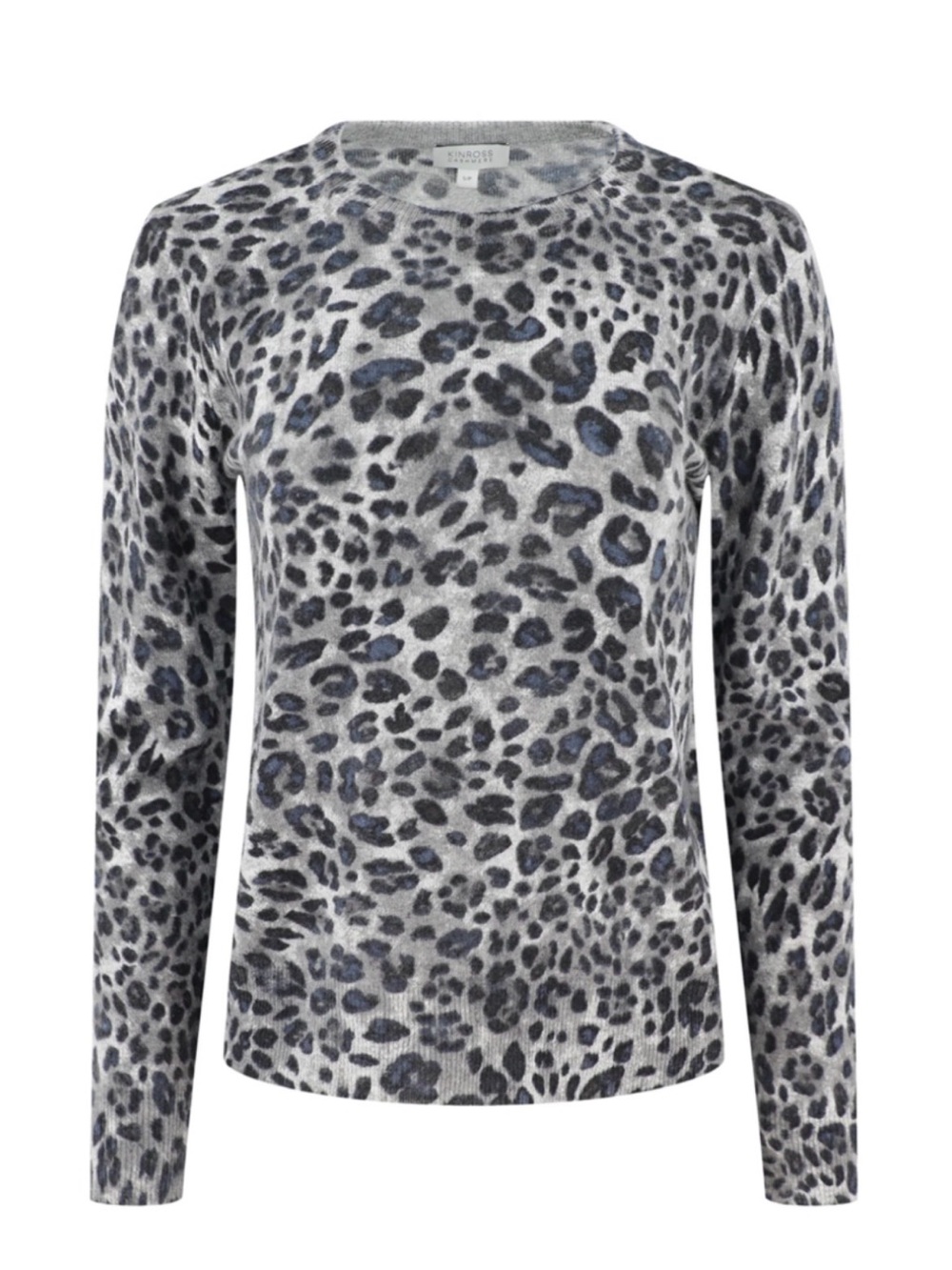 Kinross 100% Cashmere Grey Leopard Print Crew Neck Sweater Luxury Knit NWOT Sz L